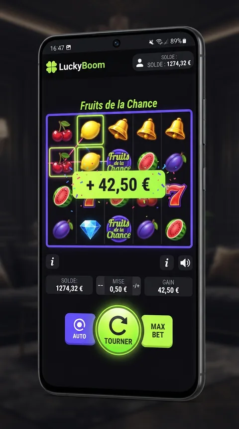 Machine à sous en cours de partie dans l'application LuckyBoom